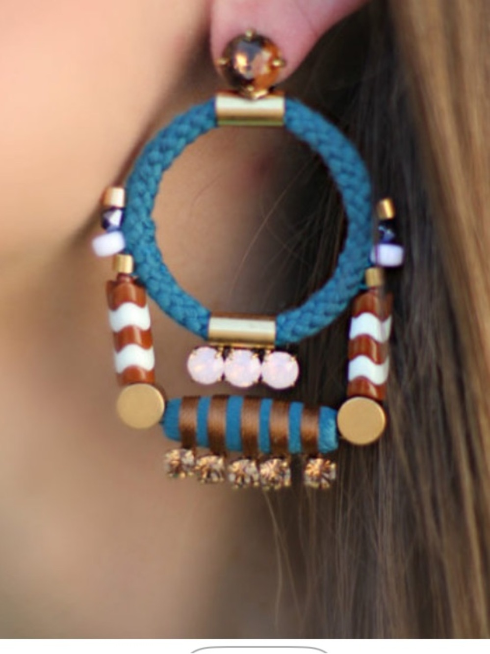 Roxanne Assoulin Vintage Hoop Earrings Teal Braided Rope and Color Glass Stones